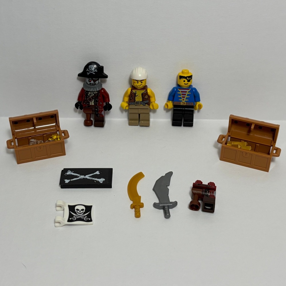 LEGO Pirates 3 Minifigures Lot w/ Accessories Treasure Chests Sword Flag Peg Leg